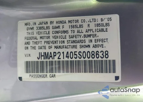 2005 Honda S2000 from USA, damaged, VIN JHMAP21405S008638